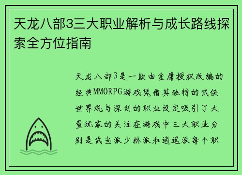 天龙八部3三大职业解析与成长路线探索全方位指南